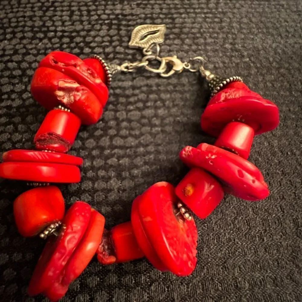 Natural Red Coral Bracelet Beaded Chunky Lips Charm Silver Handmade Boho Large